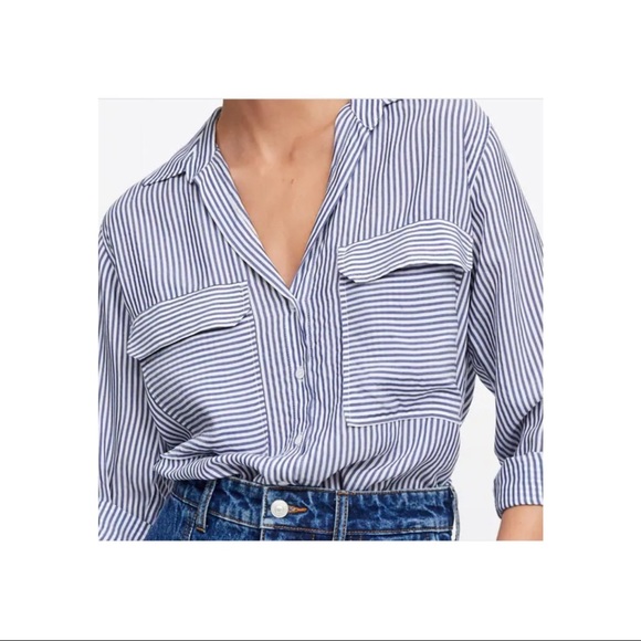 Zara striped button up blouse with pockets, M - Picture 2 of 5